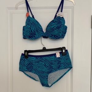 NWT Blue Zebra Print Women's Bra Set 38C/Lg